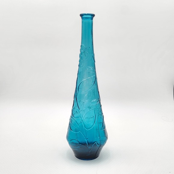 Rossini Empoli Art Glass Other - Vintage Empoli Italy Teal Blue Glass Genie Bottle Decanter Butterfly Flowers MCM
